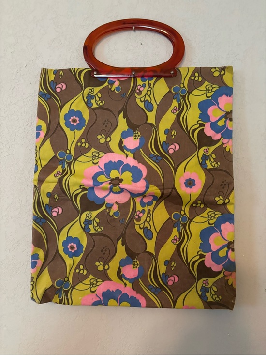 Handbags - Retro 90's Floral Tote Bag with Brown Handle - Unbranded